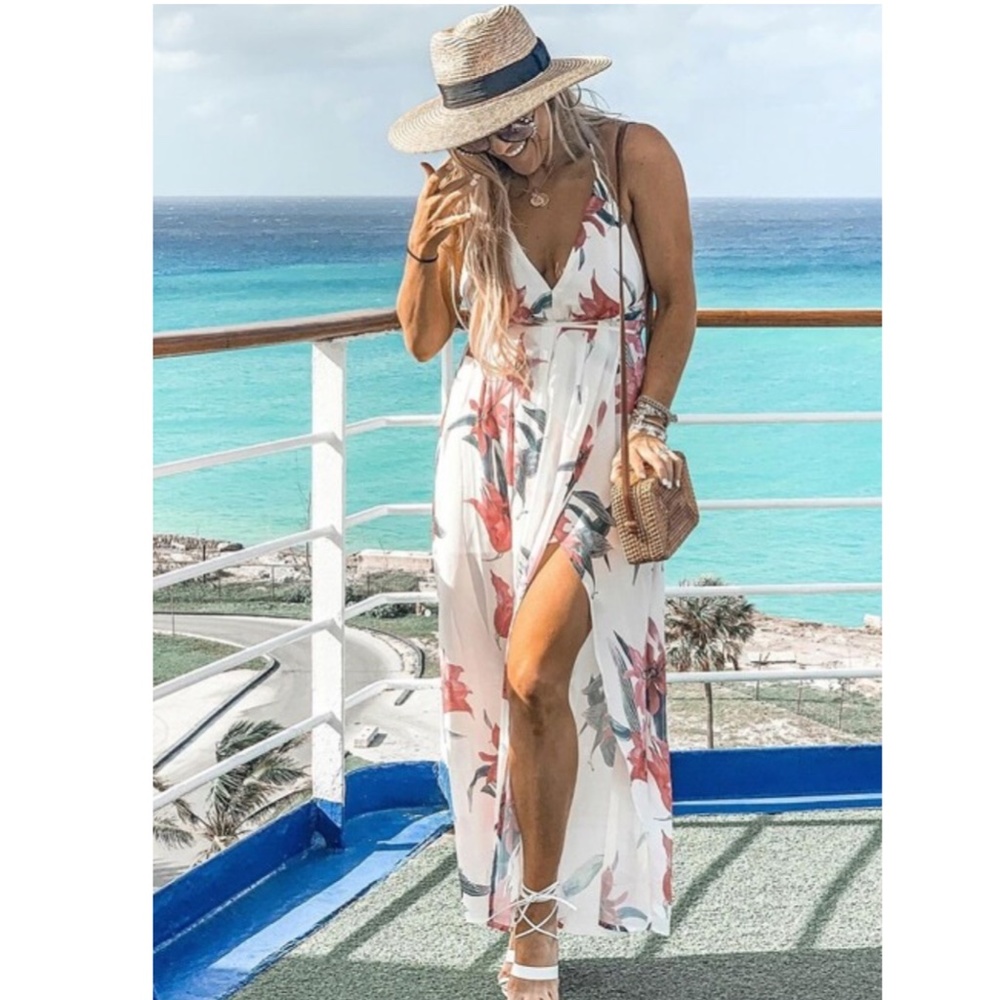 Deep V Backless Strappy White Floral Maxi Dress - Picture 14 of 14